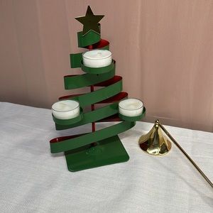 Partylite Ribbon Green Christmas Tree Tealight Candle Holder Gold Star
